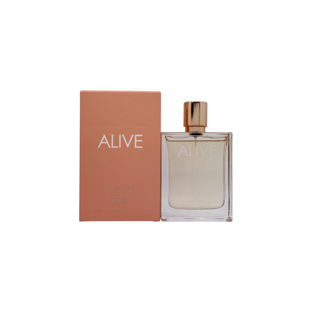 Hugo Boss Boss Alive Eau de Toilette 80 ml, klar glasflaske med gylden duft og firkantet guldlåg