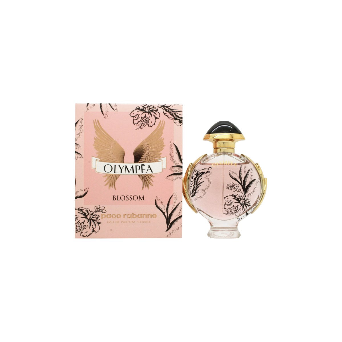 Paco Rabanne Olympea Blossom Eau de Parfum 50 ml fra Paco Rabanne i rund rosa glasflakon med sort låg og gyldne vinger