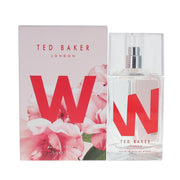 Ted Baker W Eau de Toilette 75 ml fra Ted Baker – klar glasflaske med sort-hvid blomsterprint og rosaguldkantet låg