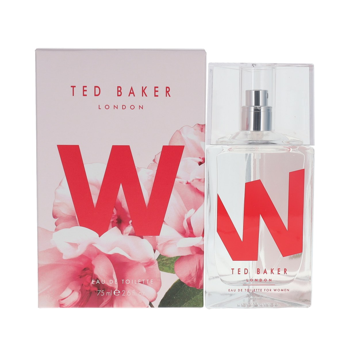 Ted Baker W Eau de Toilette 75 ml fra Ted Baker – klar glasflaske med sort-hvid blomsterprint og rosaguldkantet låg