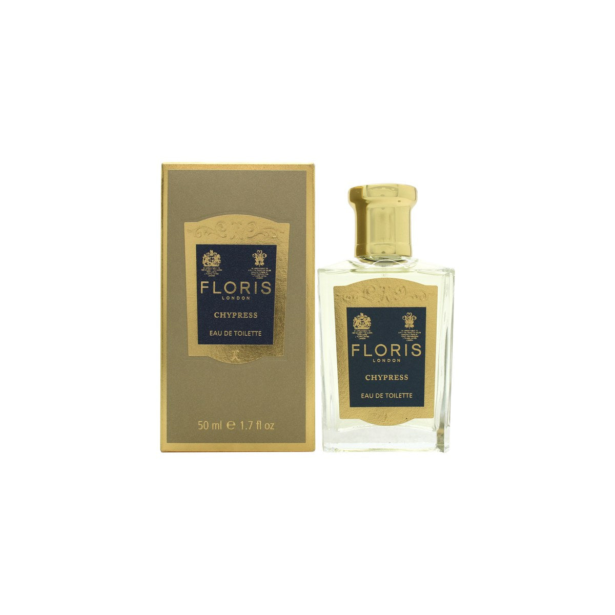 Floris Chypress Eau de Toilette 50 ml fra Floris i klar glasflaske med guldfarvet låg og enkel hvid etiket