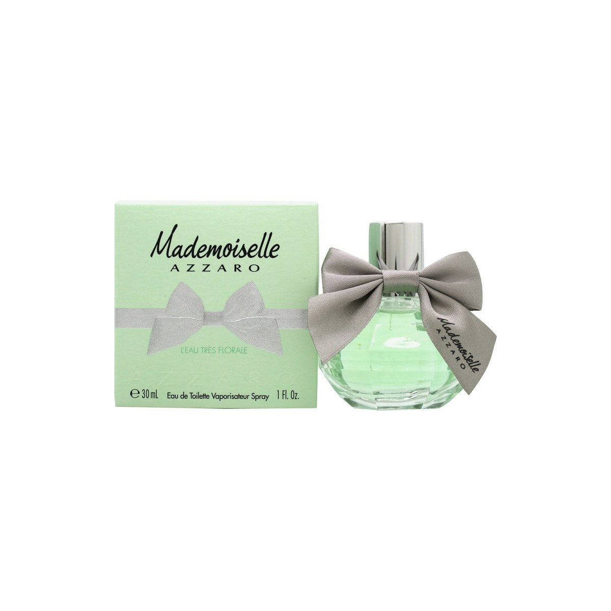 Azzaro Mademoiselle L'Eau Tres Florale Eau de Toilette 30 ml fra Azzaro, lys rosa flakon i klart glas med sølvhætte og bånd.