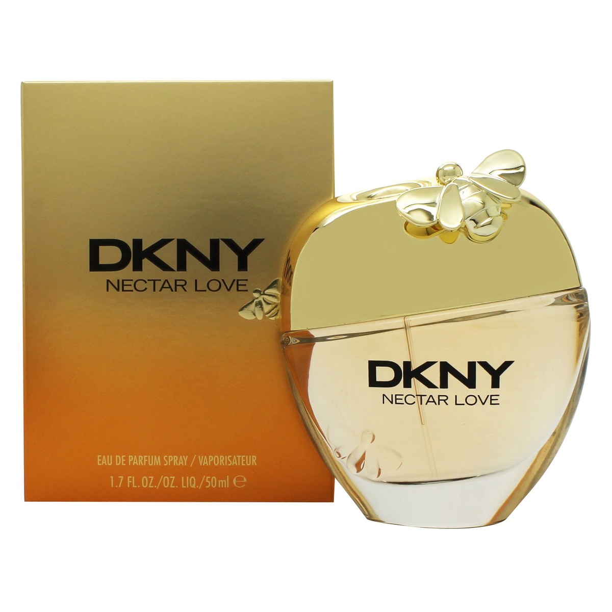 DKNY Nectar Love Eau de Parfum 50 ml – honningfarvet flakon i rund form med gylden bi på låget