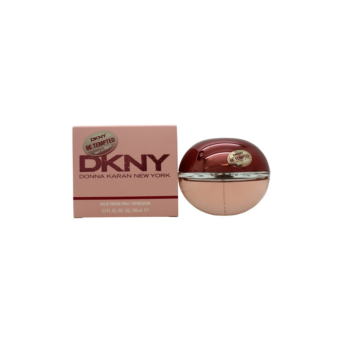 DKNY Be Tempted Eau So Blush Eau de Parfum 100 ml fra DKNY, rund lyserød æbleflakon i glas med sølvtop og blank overflade.