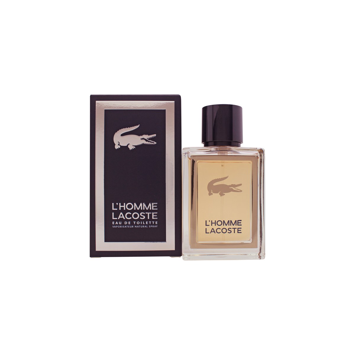Lacoste L'Homme Eau De Toilette 50 ml klar, firkantet glasflaske med ravfarvet væske, sølvdetaljer og mørk hætte