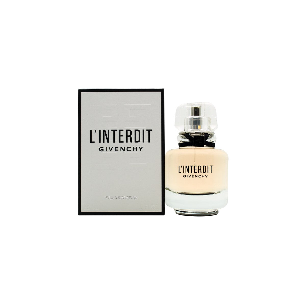 L'Interdit Parfum Eau De Parfum, Givenchy, 35 ml – sort firkantet glasflaske med gyldne detaljer og sort bånd