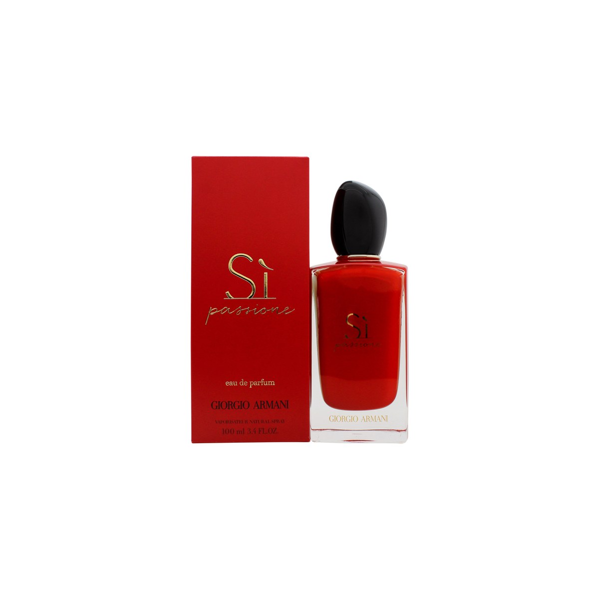 Giorgio Armani Si Passione Eau de Parfum 100 ml, Giorgio Armani – rød glasflakon med sort låg og enkel, elegant silhuet