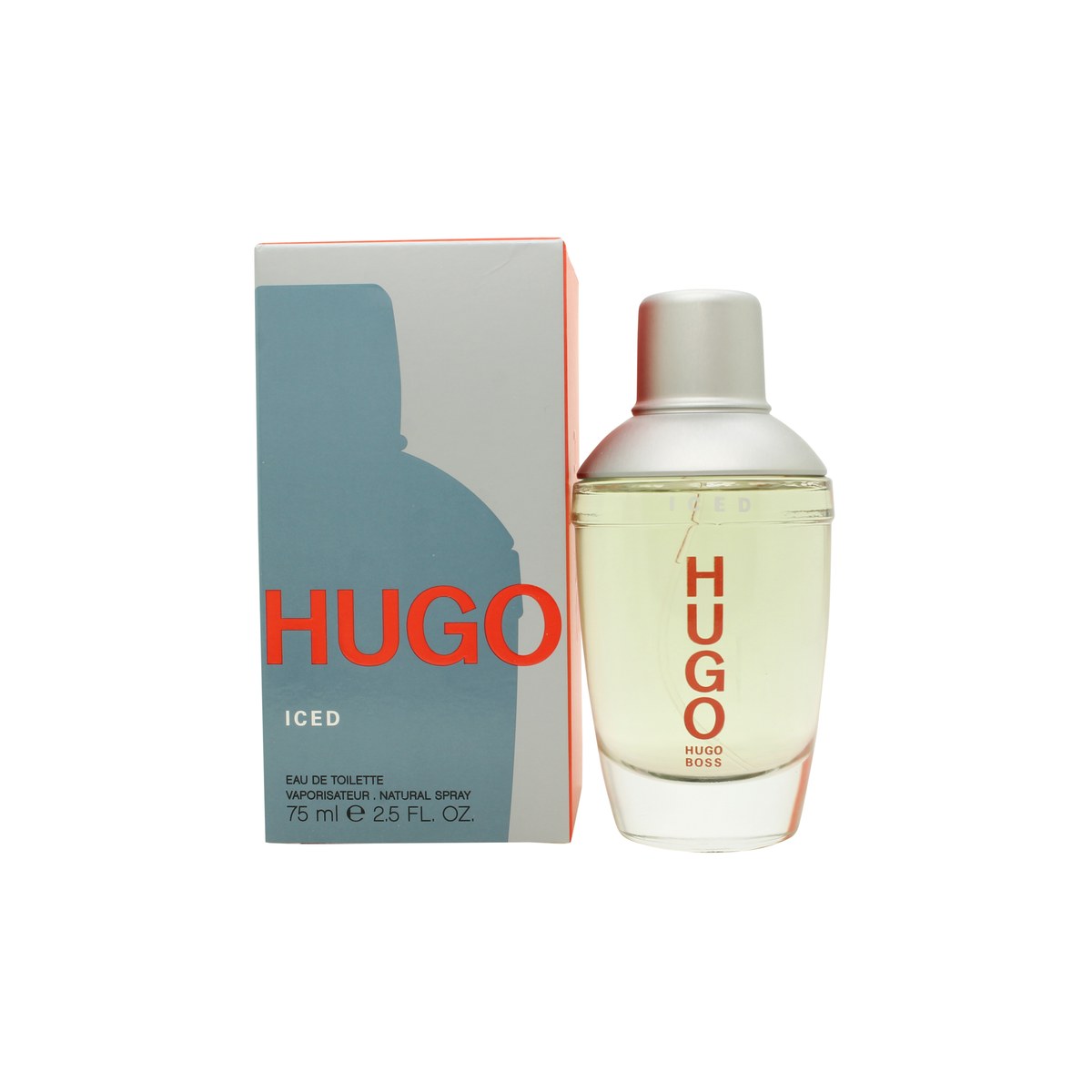 Hugo Boss Hugo Iced Eau de Toilette 75 ml flakon i mat lyseblå glas med sort logo og sølvlåg