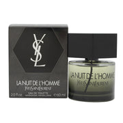 Yves Saint Laurent La Nuit de L'Homme Eau de Toilette 60 ml, mørk gradientflaske i dyb blå med sort sekskantet låg og design.