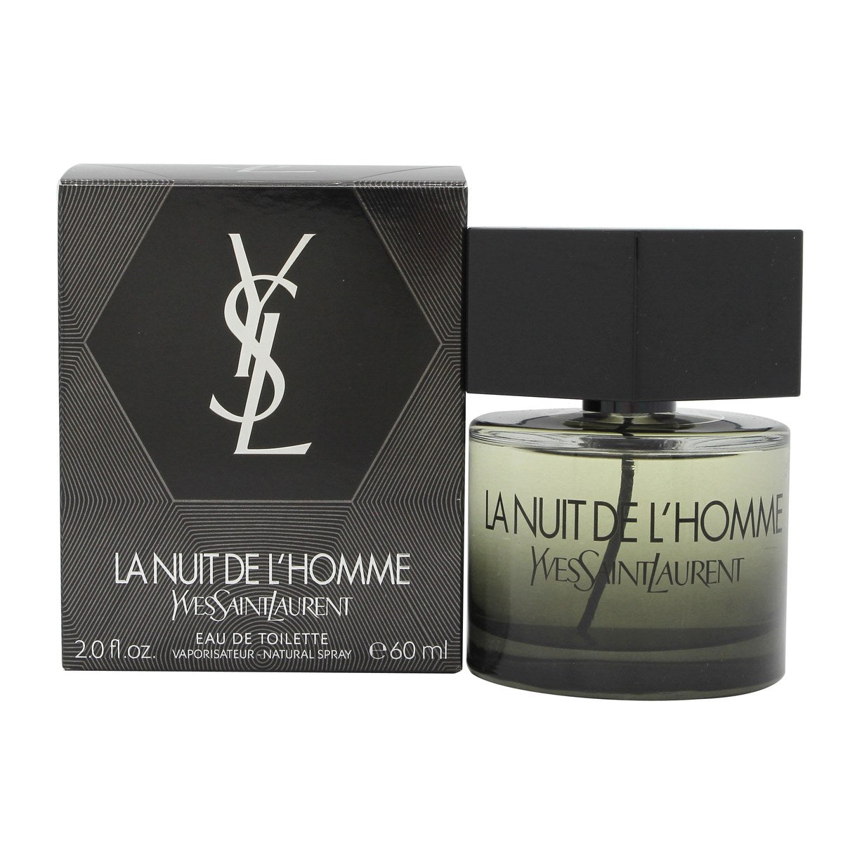 Yves Saint Laurent La Nuit de L'Homme Eau de Toilette 60 ml, mørk gradientflaske i dyb blå med sort sekskantet låg og design.