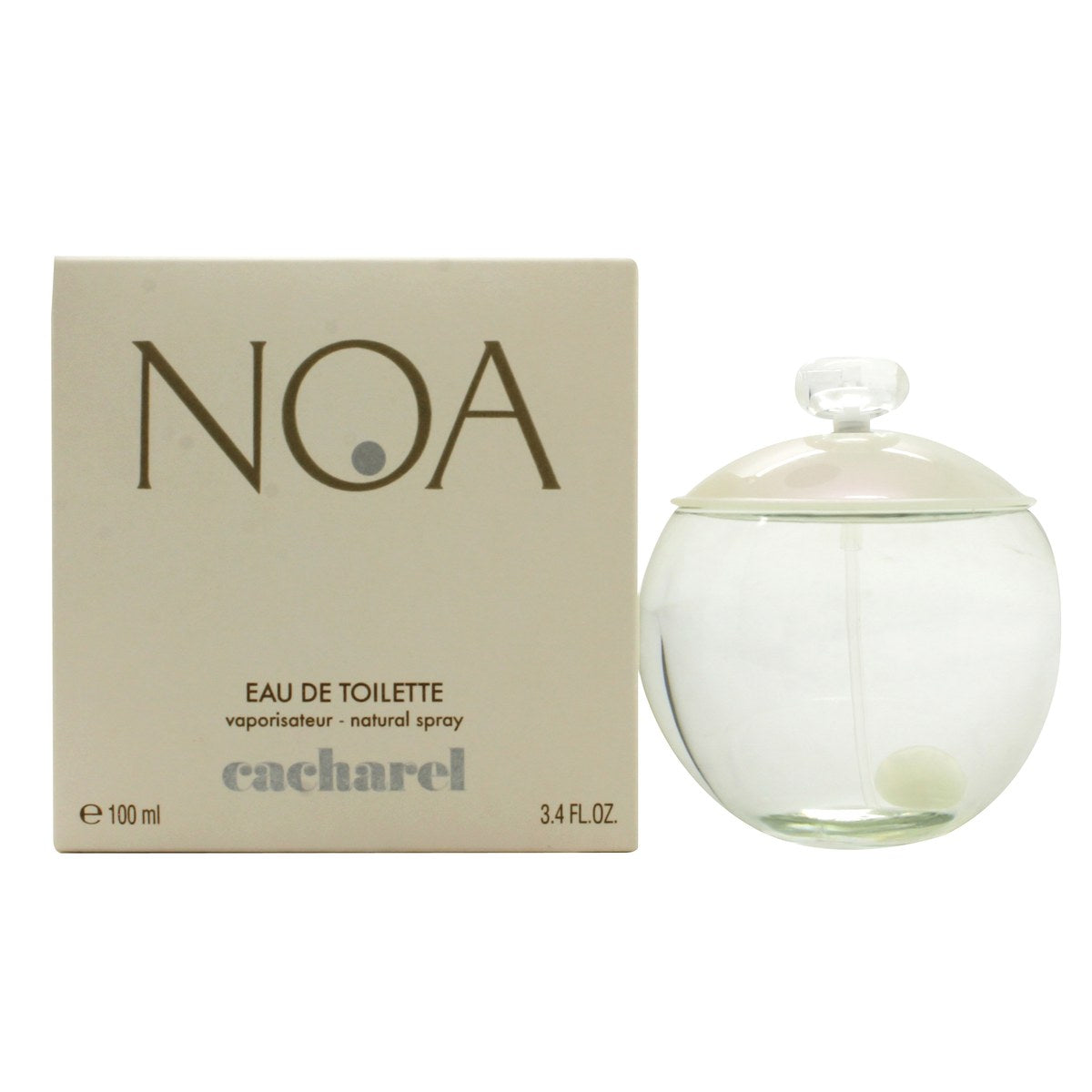 Cacharel Noa Eau de Toilette 100 ml fra Cacharel – rund, klar glasflaske med perlemorshvid kugleprop og sølvdetaljer
