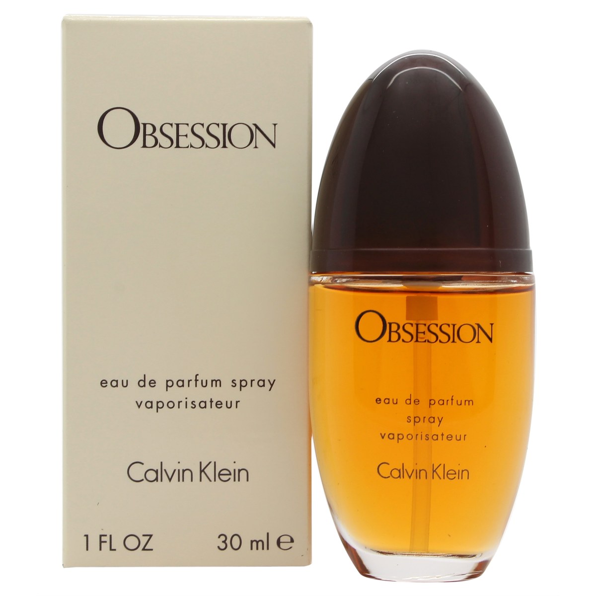 Obsession Eau De Parfum, Calvin Klein, 30 ml – oval flaske i ravfarvet glas med bløde former og klart låg