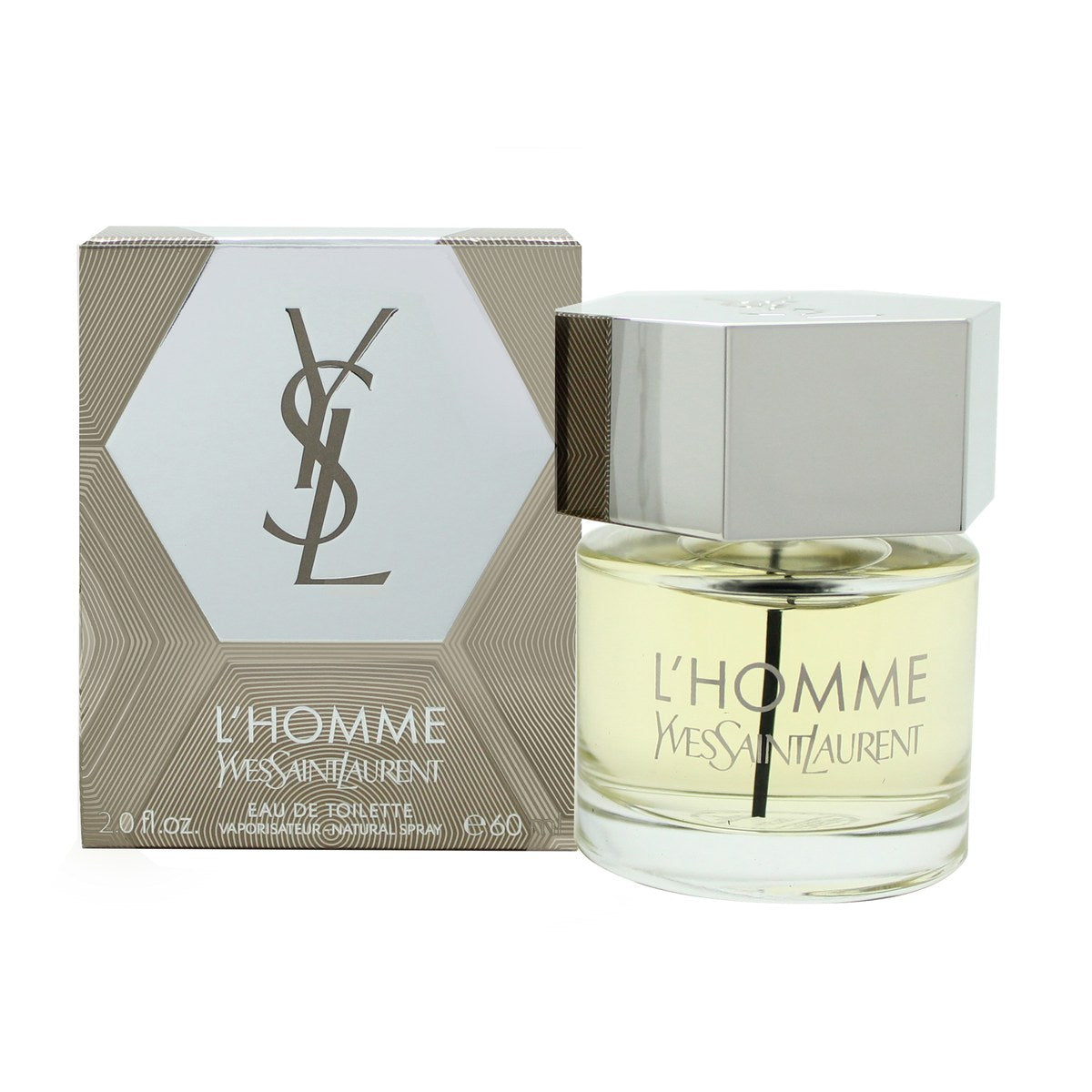 Yves Saint Laurent L'Homme Eau de Toilette 60 ml, Yves Saint Laurent – klar glasflakon med sølvlåg og ravfarvet duft.