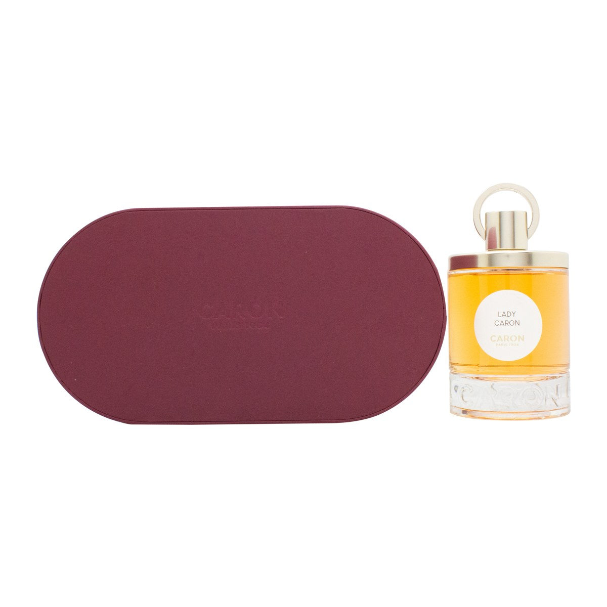 Caron Lady Caron Eau de Parfum, Caron, 100 ml – klar glasflakon med bløde kurver, gylden rund prop og klassisk logo