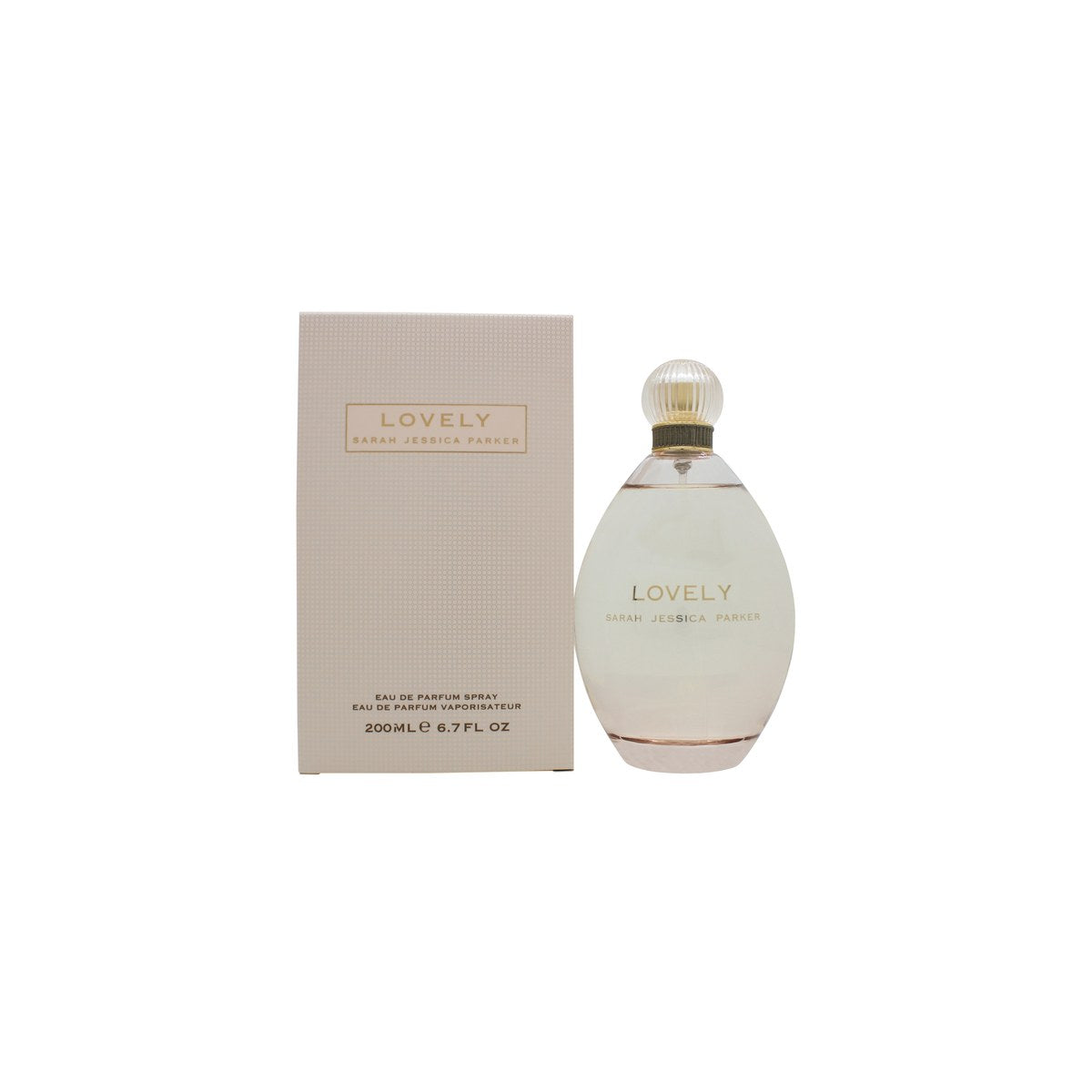 Sarah Jessica Parker Lovely Eau De Parfum 200 ml, klar glasflakon med blid rosa parfume, afrundet form, sløjfe og sølvhætte