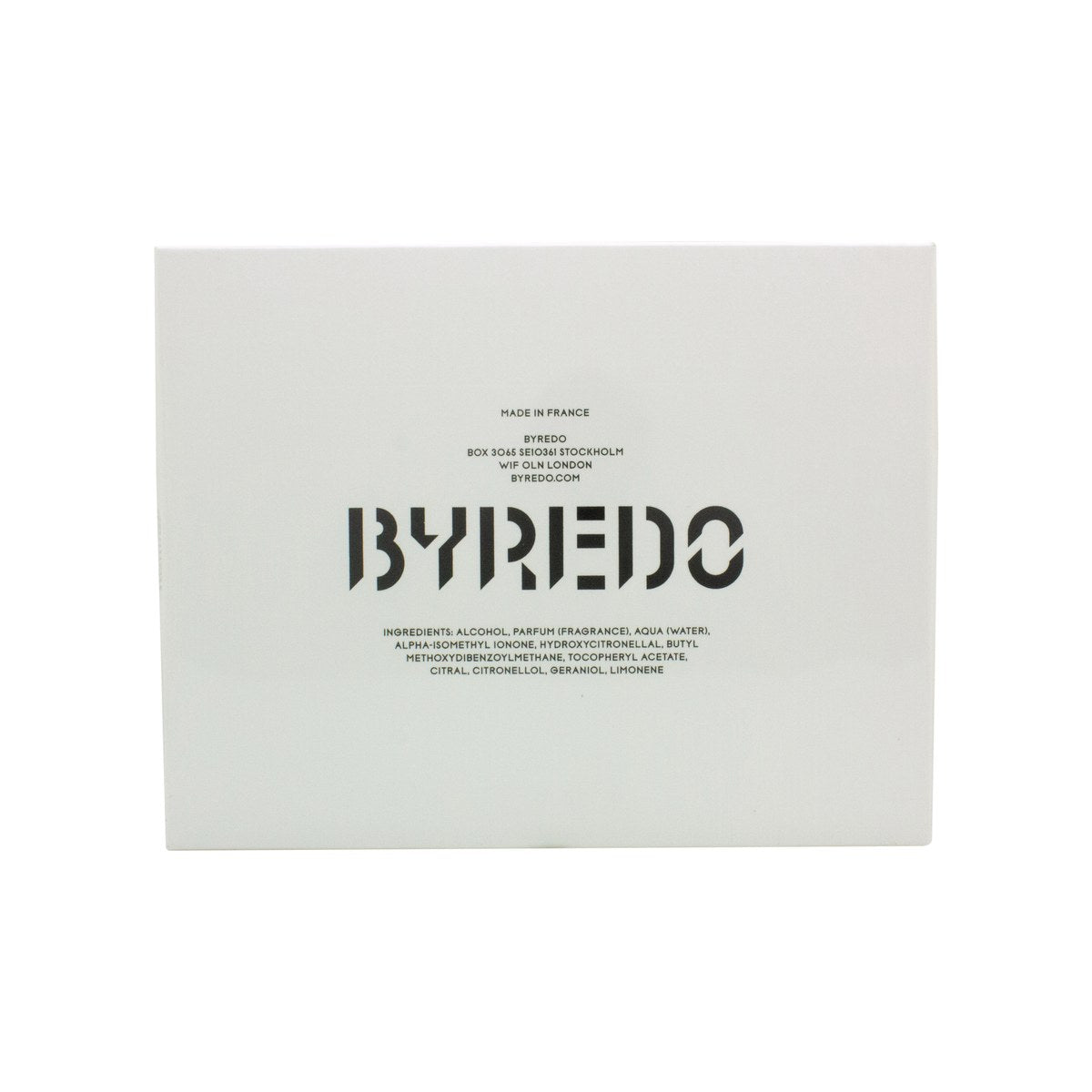 Byredo Blanche Eau de Parfum 100 ml fra Byredo i klar rektangulær glasflaske med sort låg og minimalistisk hvid etiket