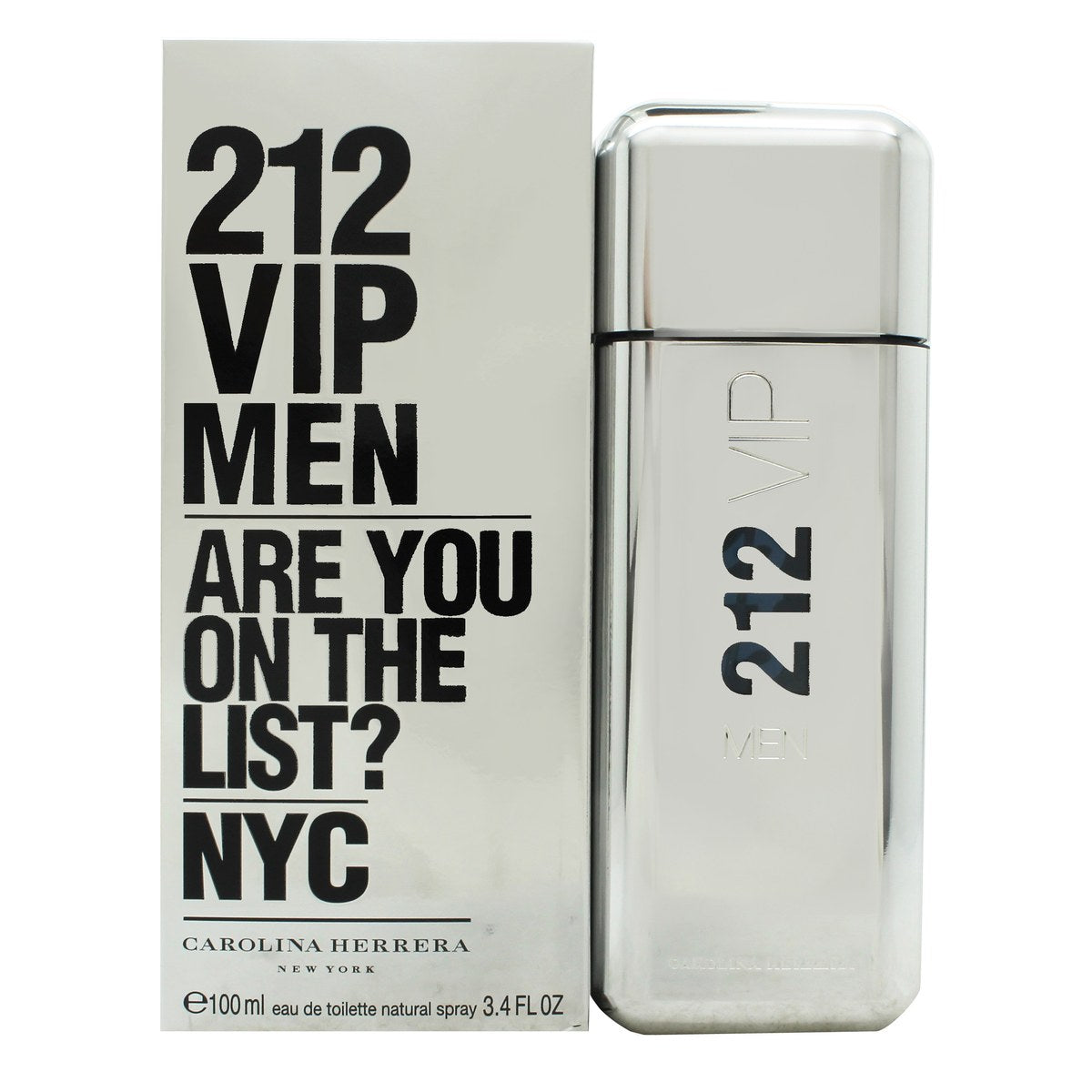 212 Vip Men Eau De Toilette 100 ml Carolina Herrera 100 ml sølvfarvet cylindrisk parfume flakon med blank VIP-typografi