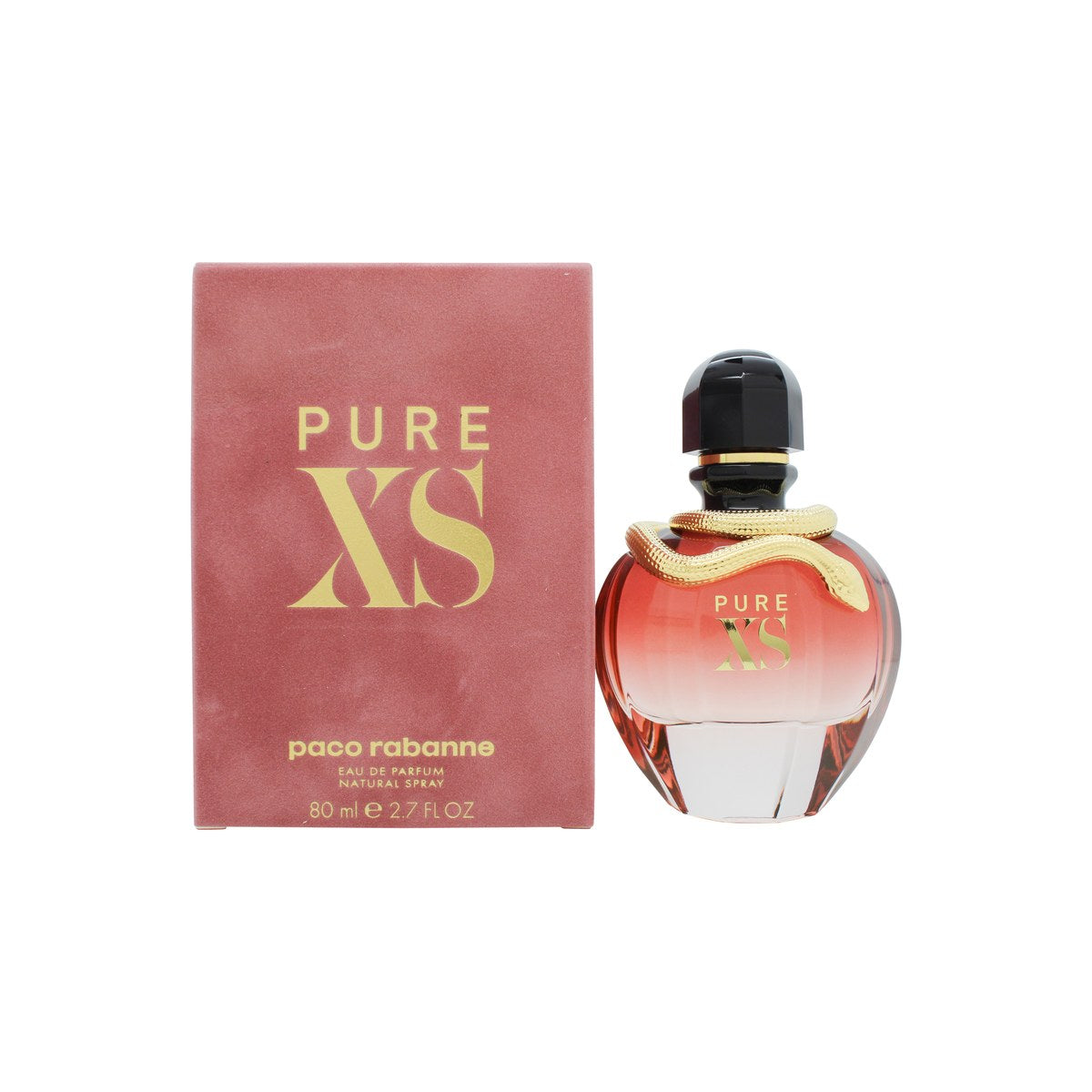 Rabanne Pure XS For Her Eau de Parfum, Rabanne, 80 ml, pink barok flakon med buet form og gylden slange ved halsen