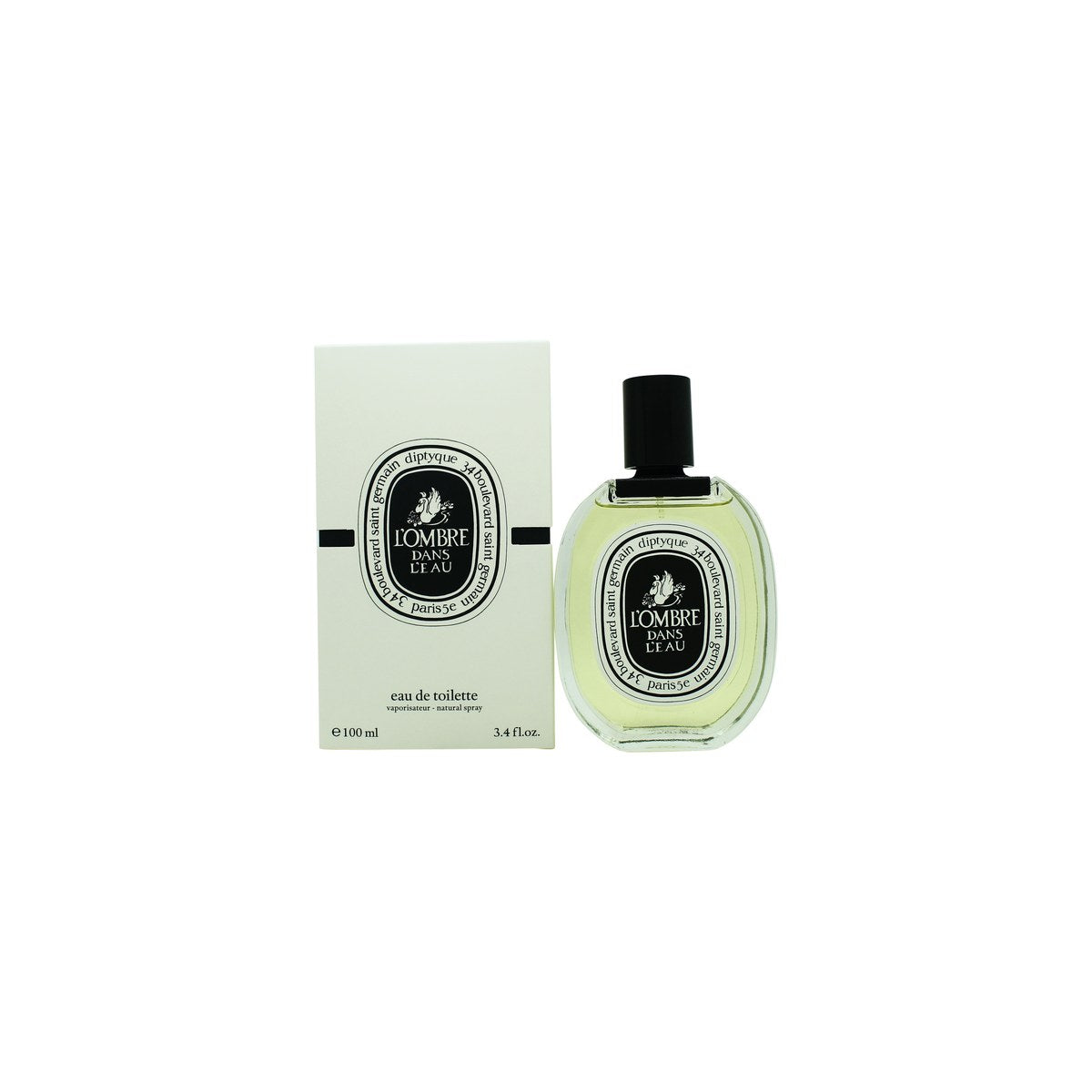 Diptyque L'Ombre Dans L'Eau Eau de Toilette 100 ml fra Diptyque – klar glasflakon med oval etiket og sort logo, hvid æske