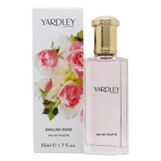 Yardley English Rose Eau de Toilette, Yardley, 50 ml – klar glasflaske med lyserød væske og sølvfarvet låg.