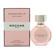 Mademoiselle Rochas Eau De Parfum, Rochas 30 ml – klar glasflaske med rosa duft, sort låg og stribet sløjfe om halsen