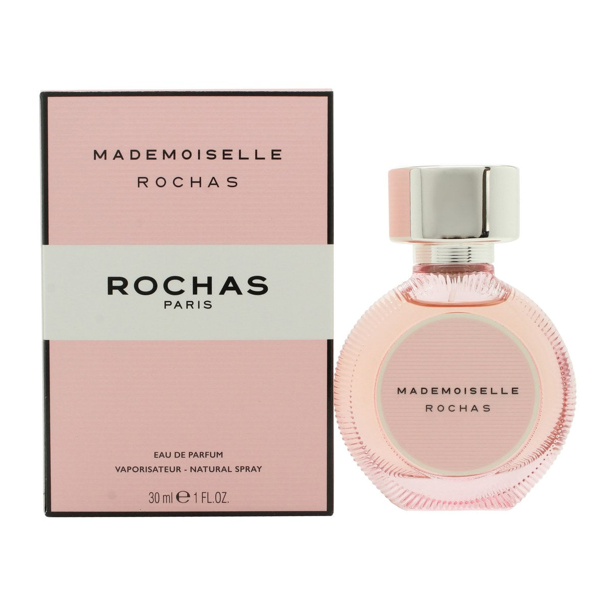 Mademoiselle Rochas Eau De Parfum, Rochas 30 ml – klar glasflaske med rosa duft, sort låg og stribet sløjfe om halsen