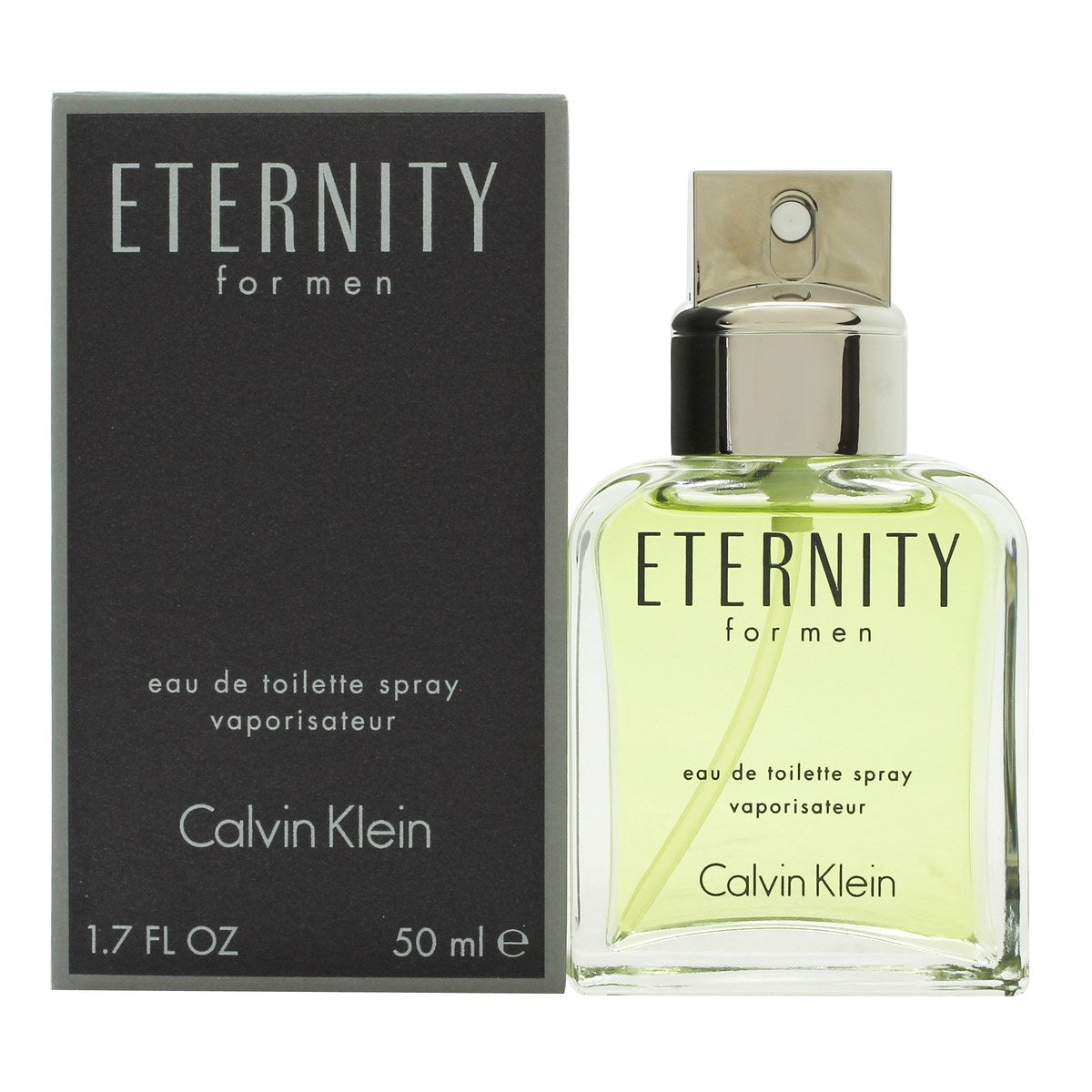 Eternity For Men Eau De Toilette Calvin Klein 50 ml – klar, høj glasflaske med sølvfarvet låg og minimalistisk design