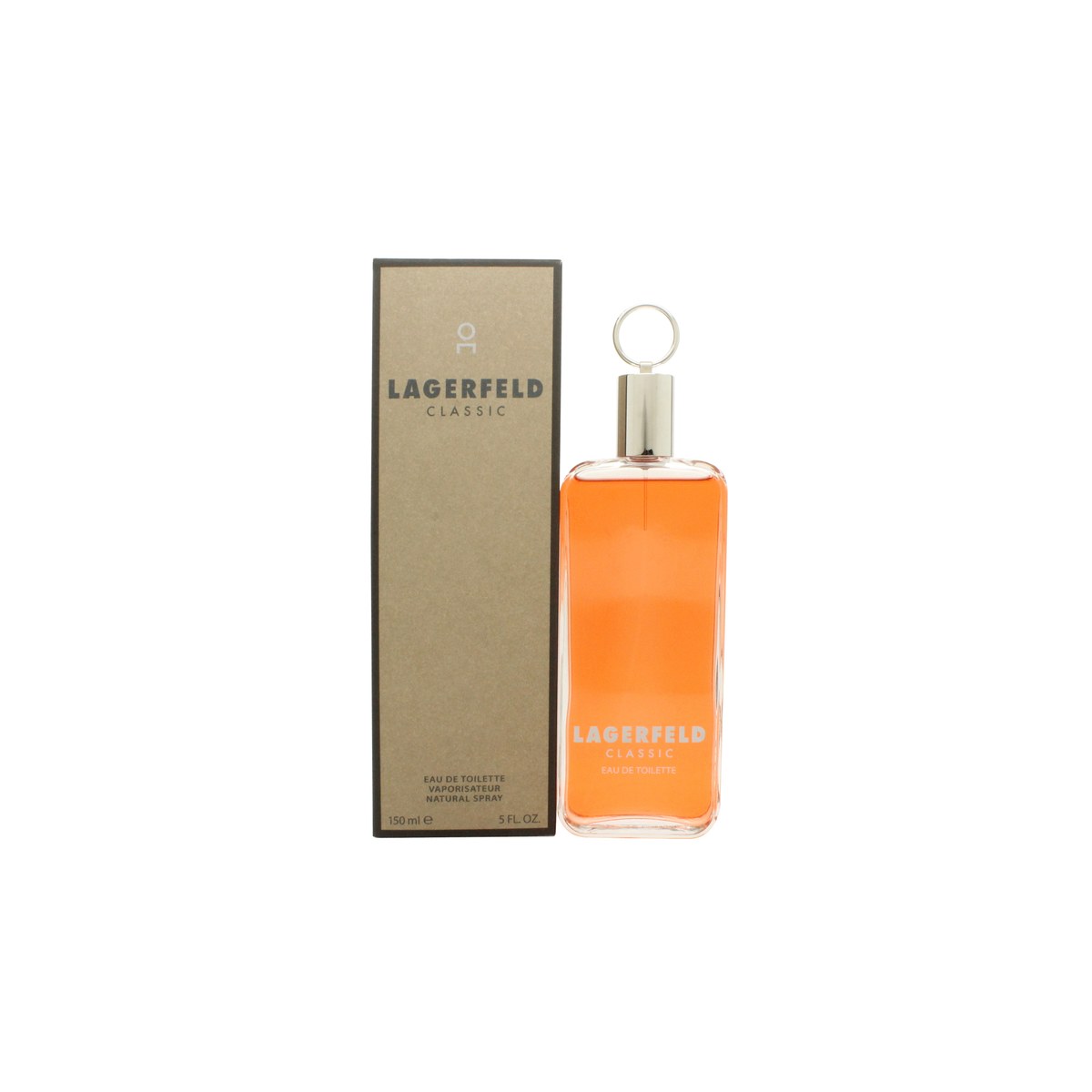 Karl Lagerfeld Classic Eau de Toilette, Karl Lagerfeld 150 ml – mørk ravfarvet cylindrisk flakon med sort låg og logo.