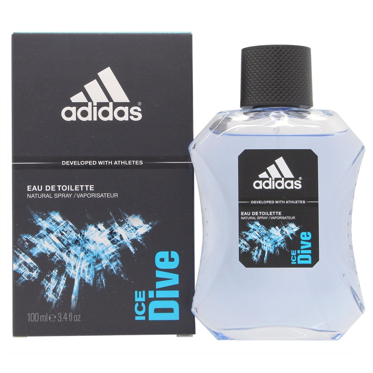 Adidas Ice Dive Eau De Toilette, Adidas 100 ml klar blå rektangulær flaske med sort låg og sporty, minimalistisk design