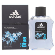 Adidas Ice Dive Eau De Toilette, Adidas 100 ml klar blå rektangulær flaske med sort låg og sporty, minimalistisk design