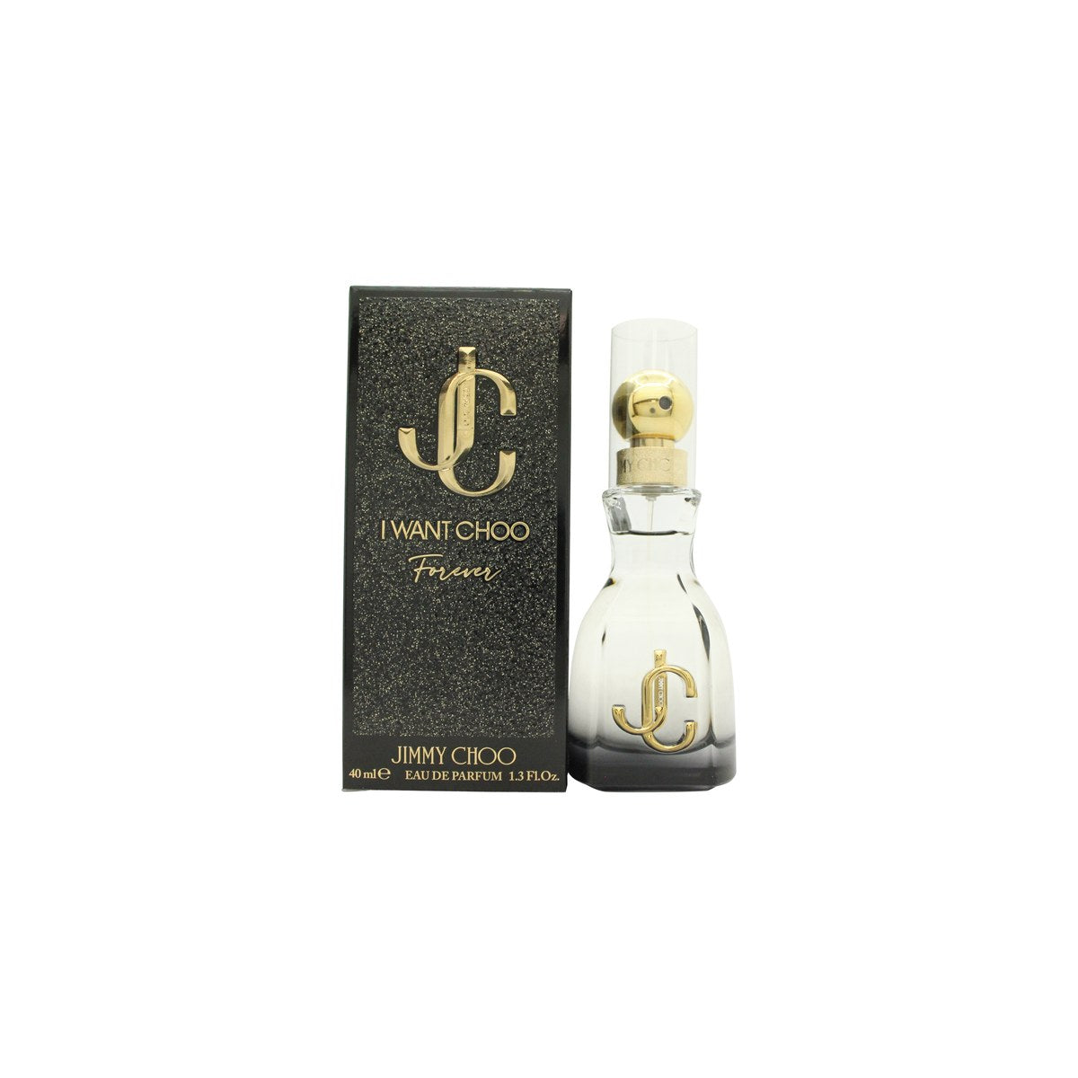 I Want Choo Forever Eau De Parfum, Jimmy Choo, 40 ml, sort facetslebet parfumeflaske med gyldent JC-logo og feminint design
