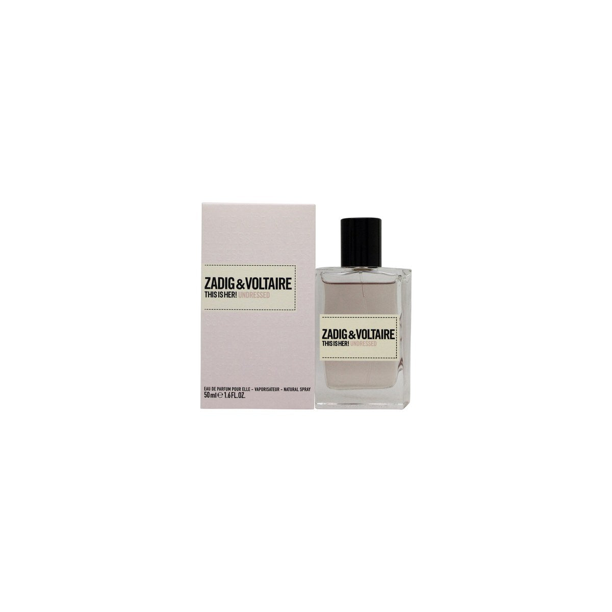 This Is Her! Undressed Eau De Parfum, Zadig & Voltaire 50 ml – rektangulær glasflaske i nude-tonet, mat finish med sort låg
