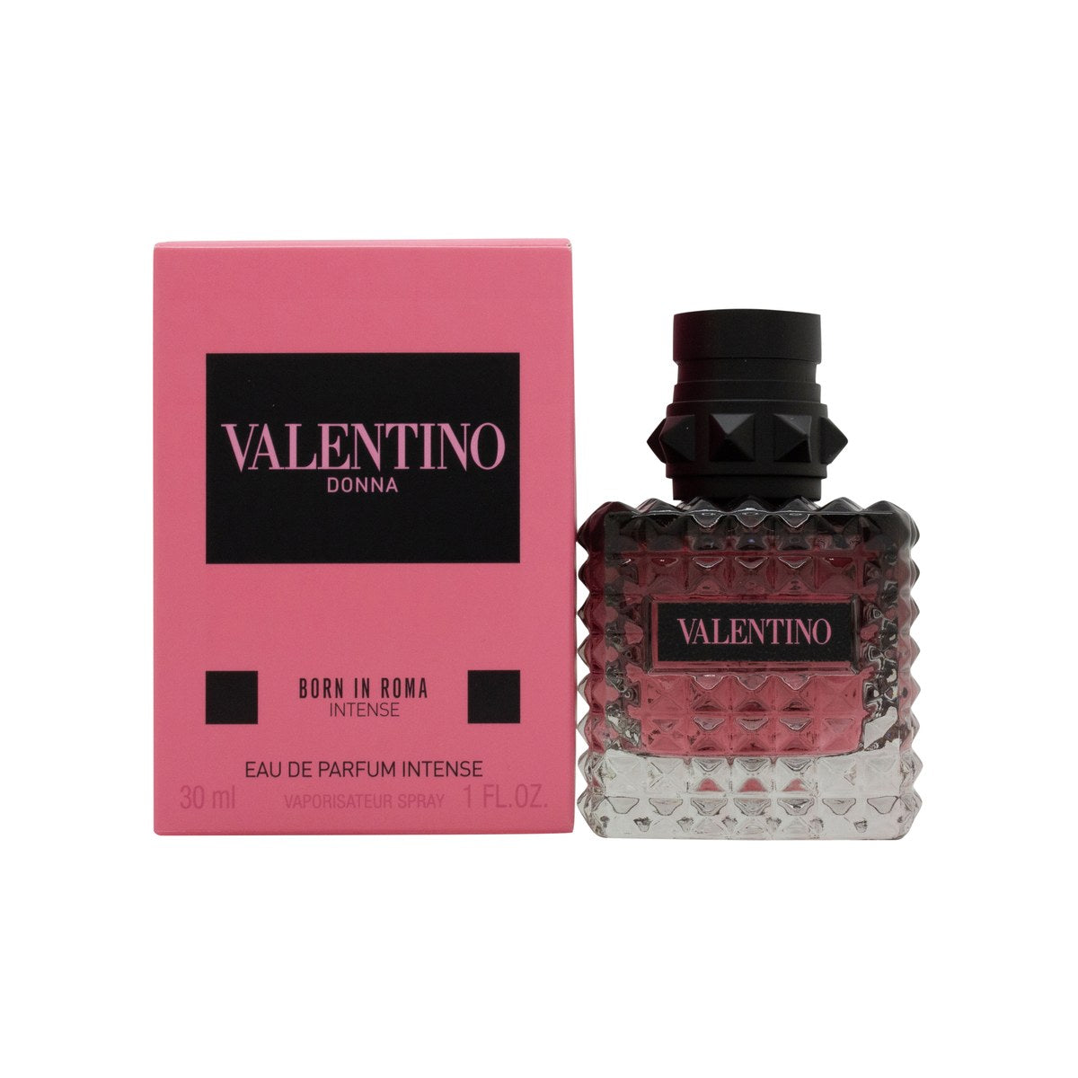 Valentino Donna Born In Roma Intense Eau de Parfum 30 ml, Valentino – mørkrosa glasflaske med nitter og sort låg