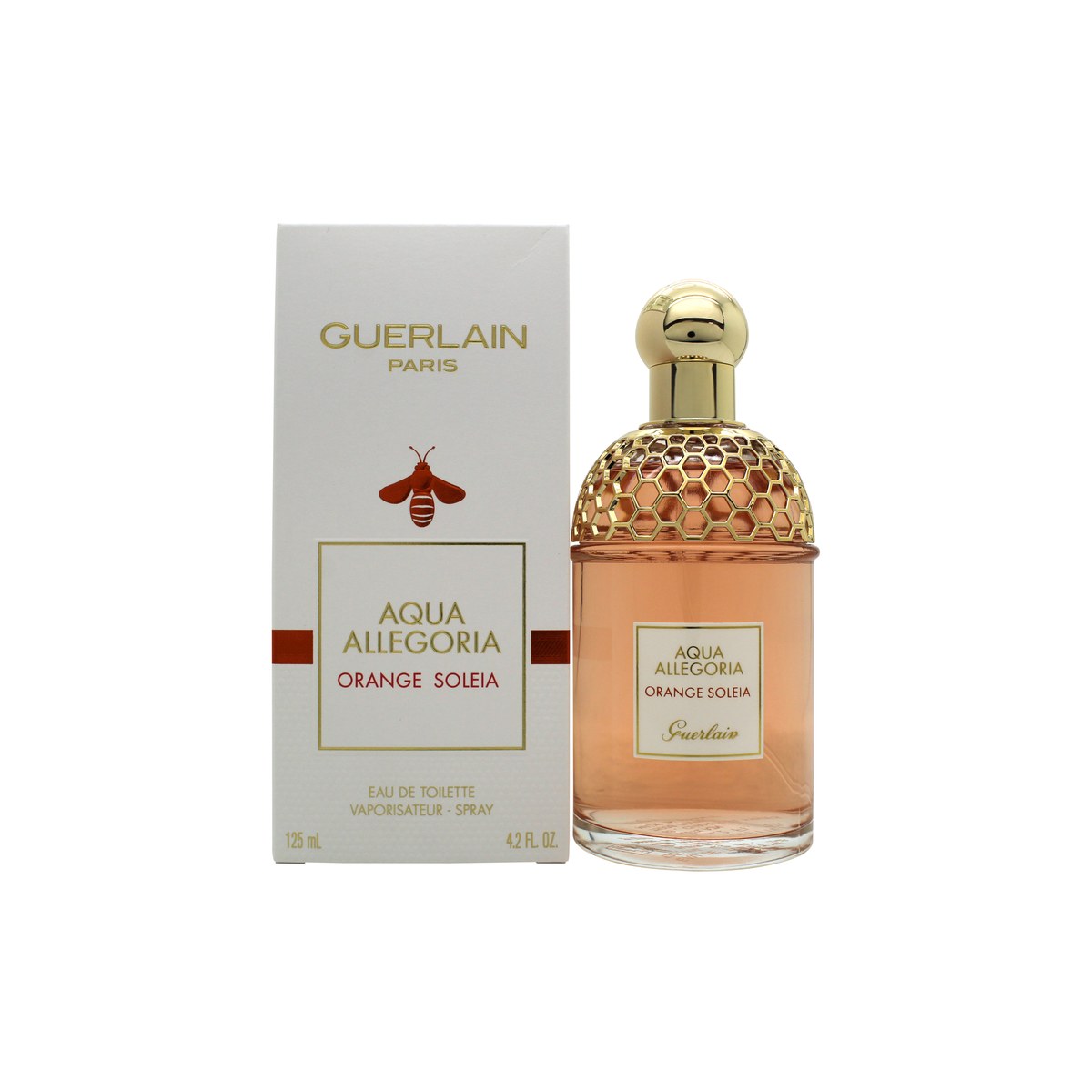 Guerlain Aqua Allegoria Orange Soleia Eau de Toilette 125 ml – klar flakon med gylden bikubemesh guld låg og orange duftvæske