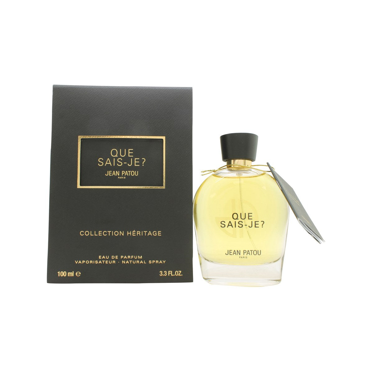 Jean Patou Collection Héritage Que Sais-Je? Eau de Parfum 100 ml – klar glasflaske med guldlåg og rektangulært design.