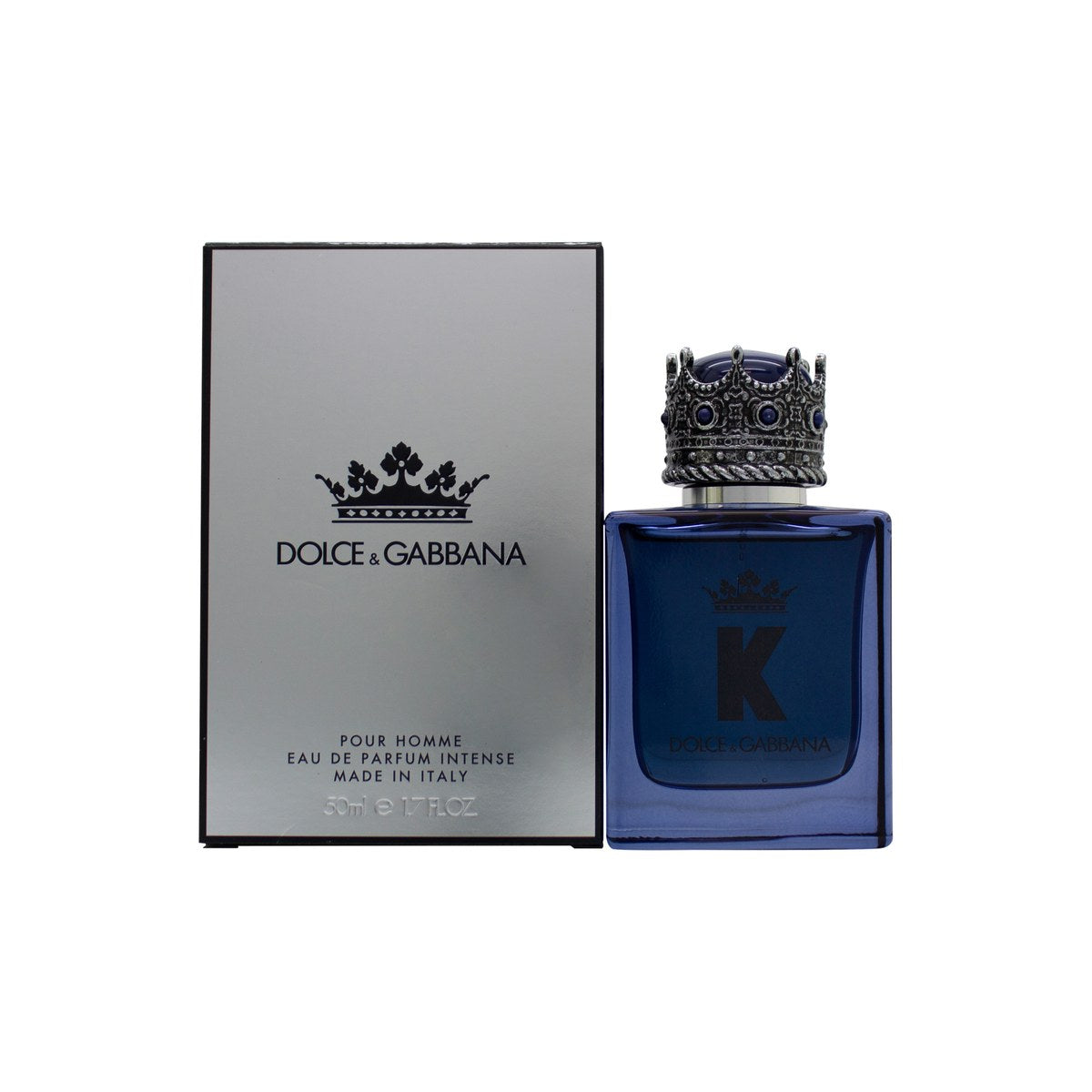 Dolce & Gabbana K Eau de Parfum Intense 50 ml, Dolce & Gabbana – mørkeblå flakon med kongekrone-låg og gyldent logo.