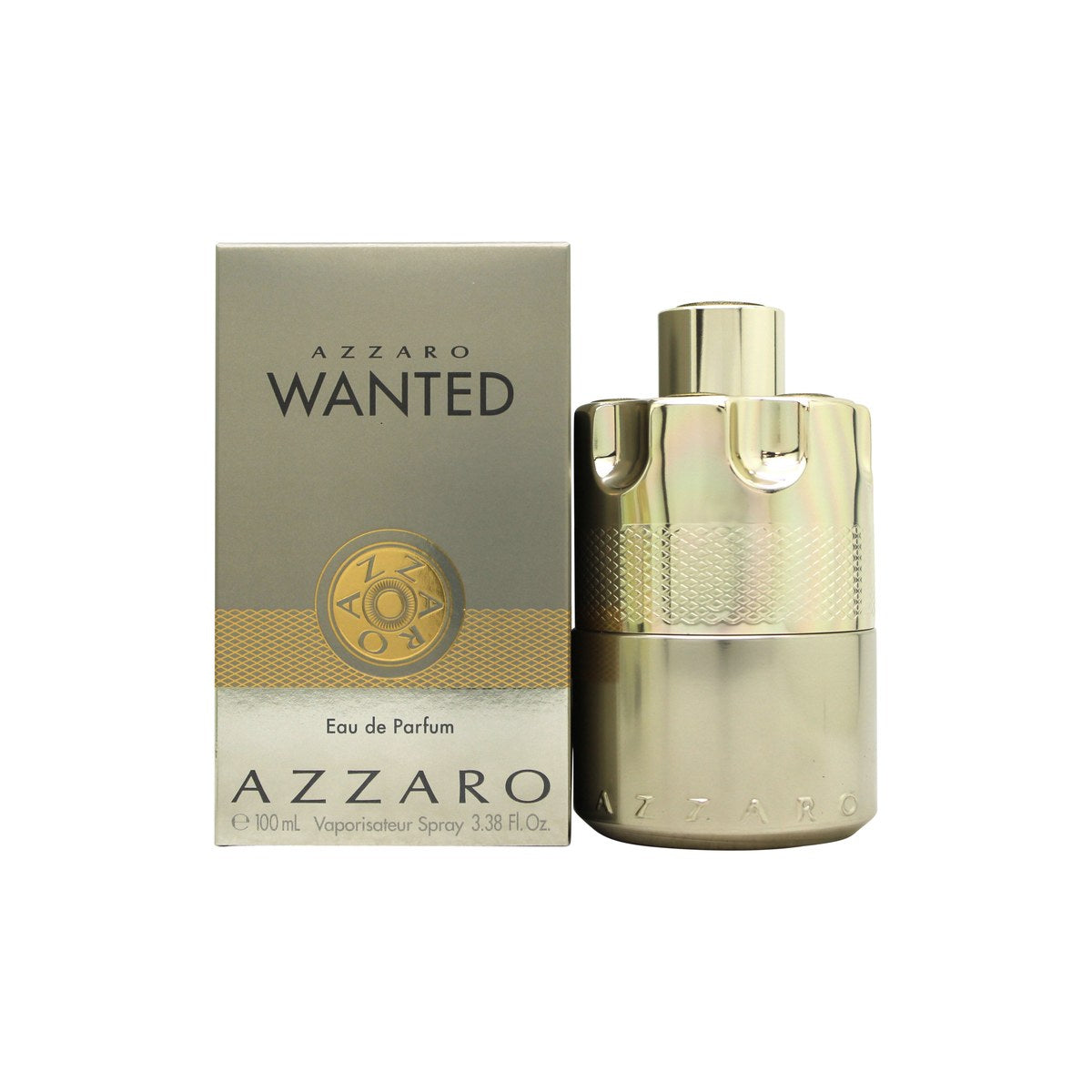 Azzaro Wanted Eau de Parfum 100 ml fra Azzaro, rund ravfarvet flakon med sort revolverlignende låg i metaldesign.