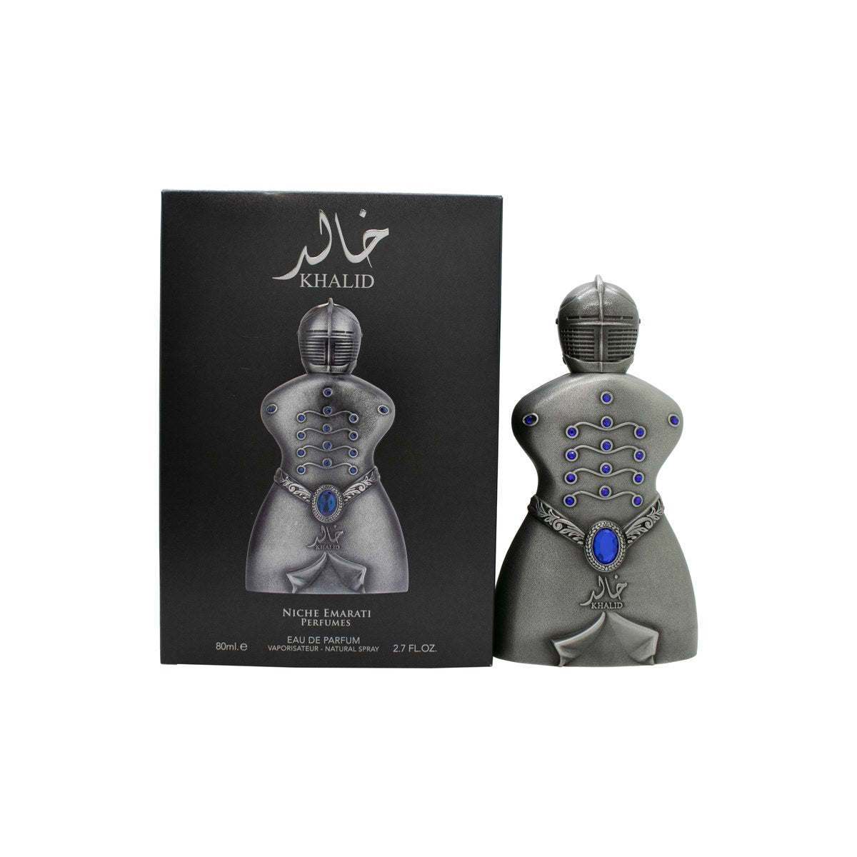 Lattafa Niche Emarati Khalid Eau de Parfum 80 ml – mørk firkantet flakon i sort og guld med orientalsk mønster og gyldent låg