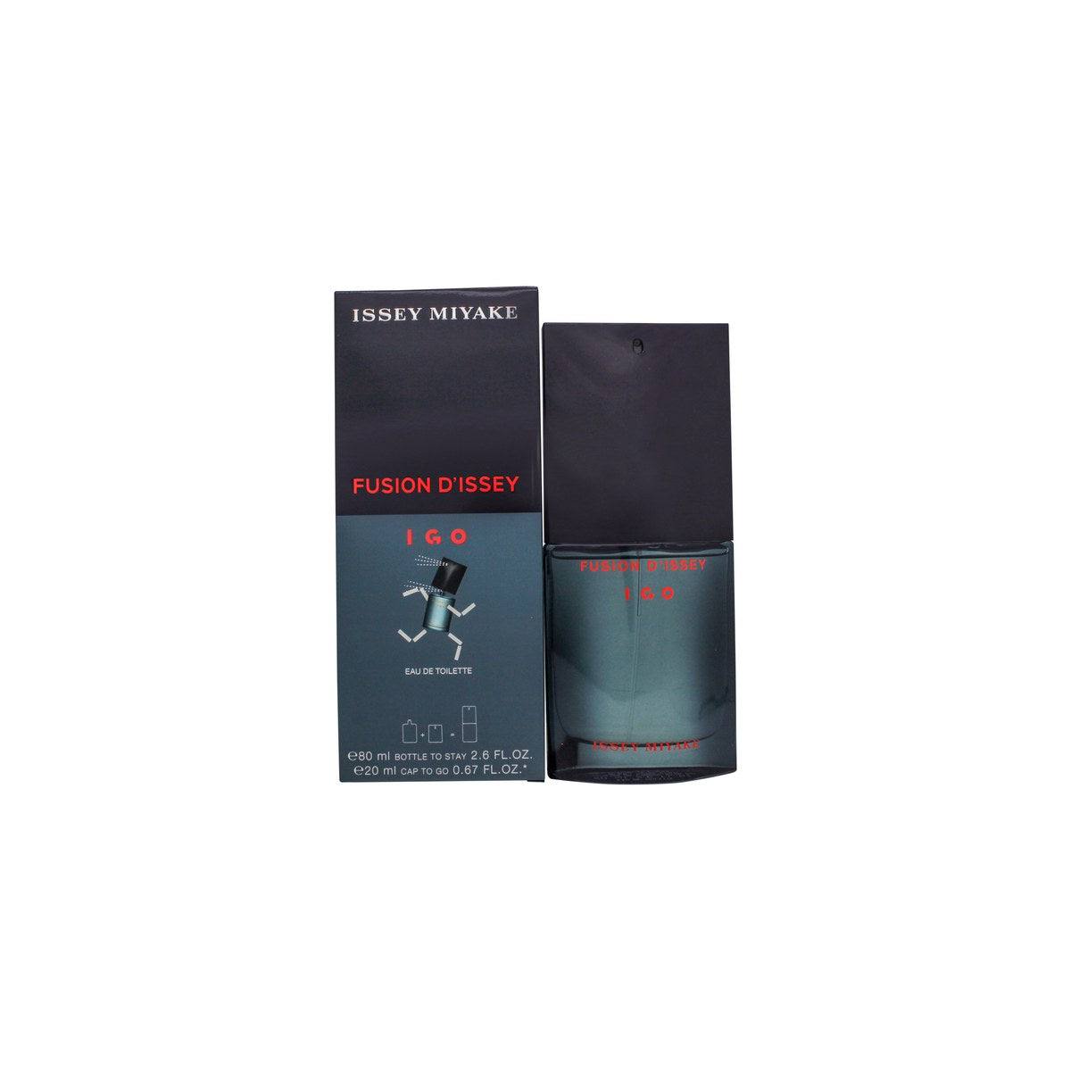 Issey Miyake Fusion d'Issey IGO Eau de Toilette 80 ml – blå flakon med vulkansk hætte og 20 ml rejseflaske.