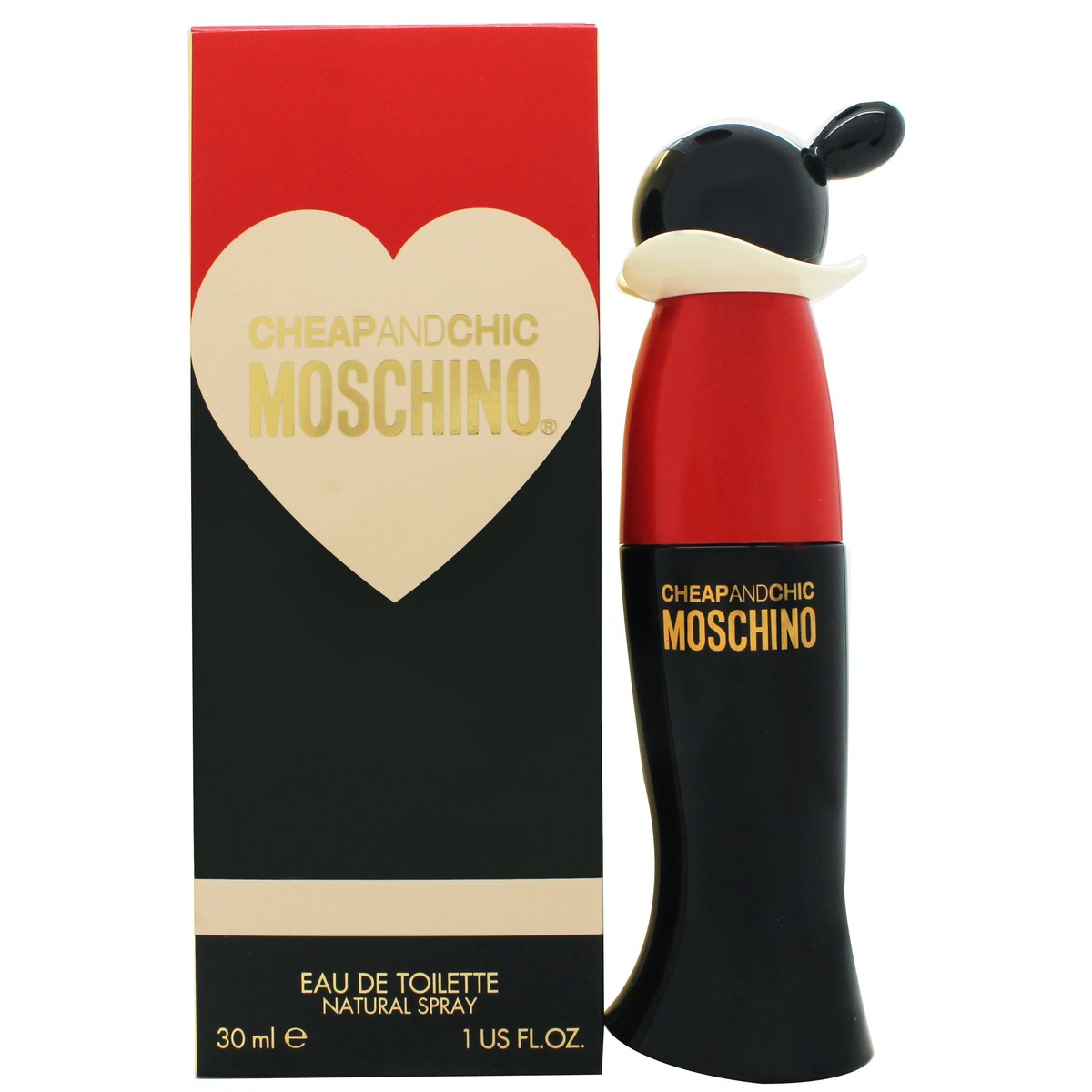 Cheap And Chic Eau De Toilette Moschino 30 ml med klar flaske formet som Olive Oyl med rød overdel, sort bund og design