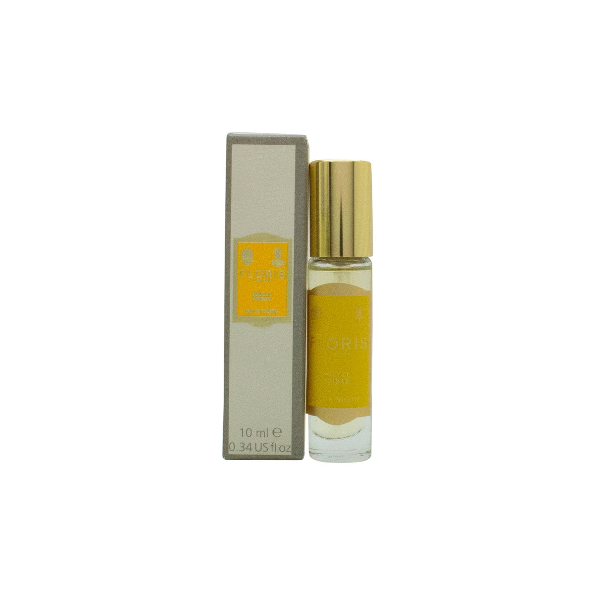 Floris Soulle Ambar Eau de Toilette 10ml – Floris, 10 ml, klar glasflaske med ravfarvet duft og sort låg.