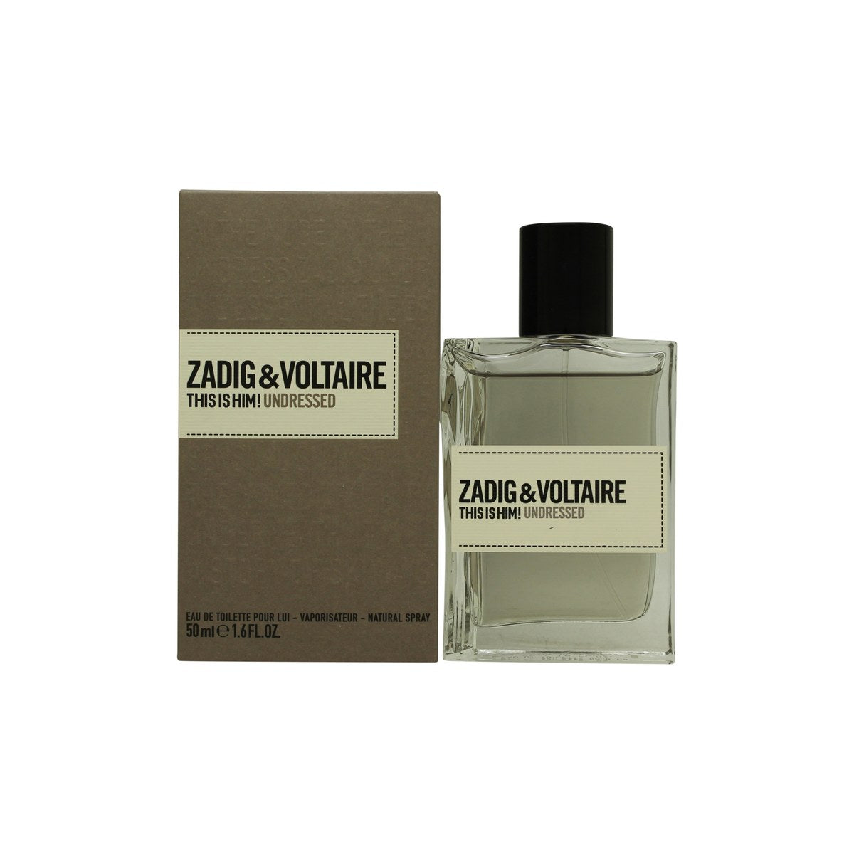 This Is Him! Undressed Eau De Toilette Zadig & Voltaire 50 ml, klar rektangulær glasflaske med sort låg og enkelt udtryk