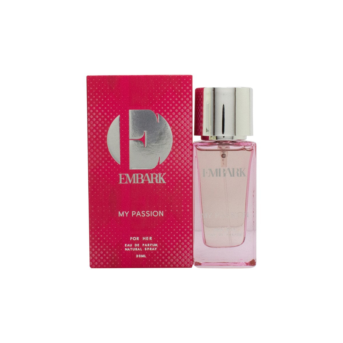 Embark My Passion For Her Eau de Parfum, Embark, 30 ml – lyserød glasflakon med afrundede kanter og guldfarvet låg