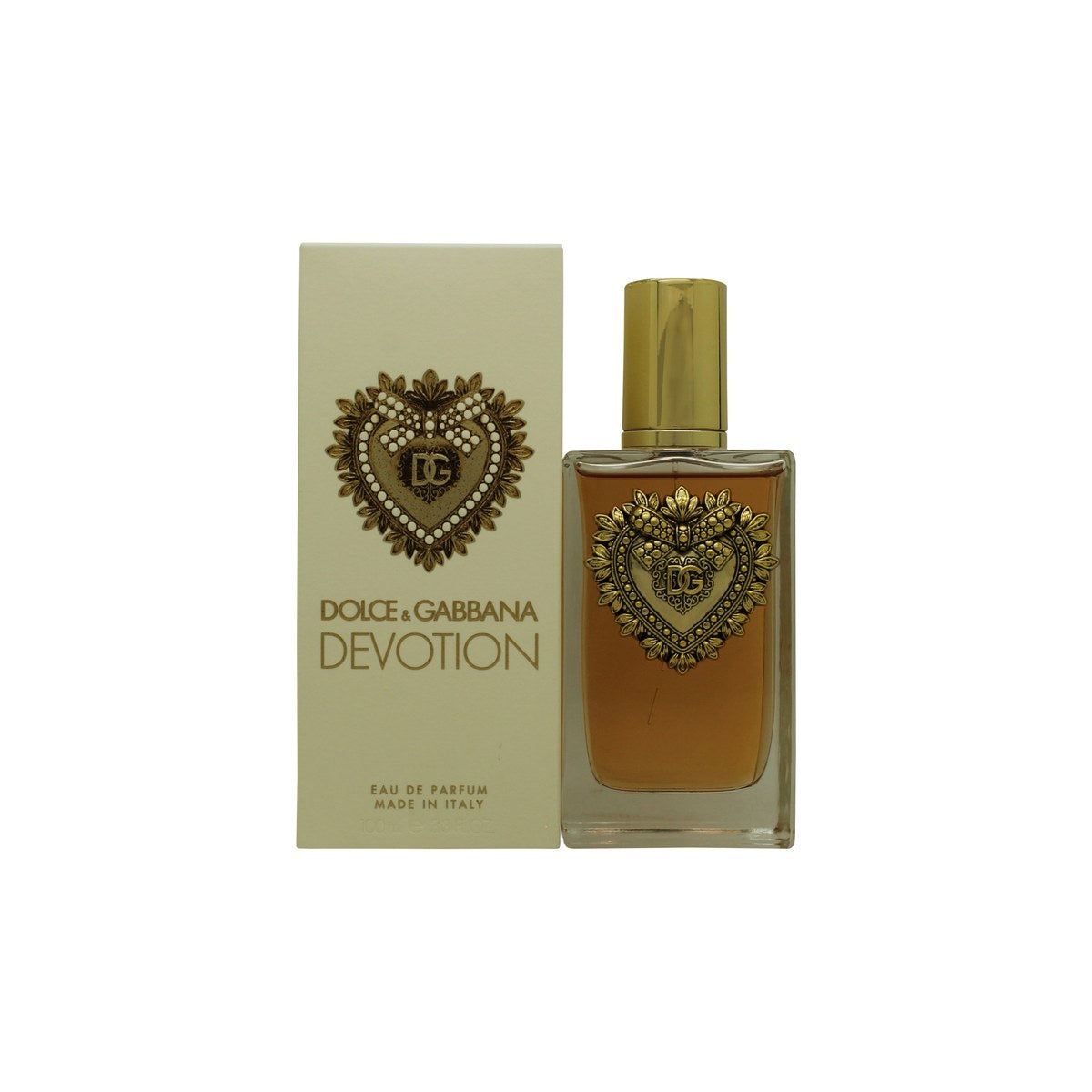 Dolce & Gabbana Devotion Eau de Parfum 100 ml fra Dolce & Gabbana i gylden glasflaske med Sacred Heart-emblem og sort låg.