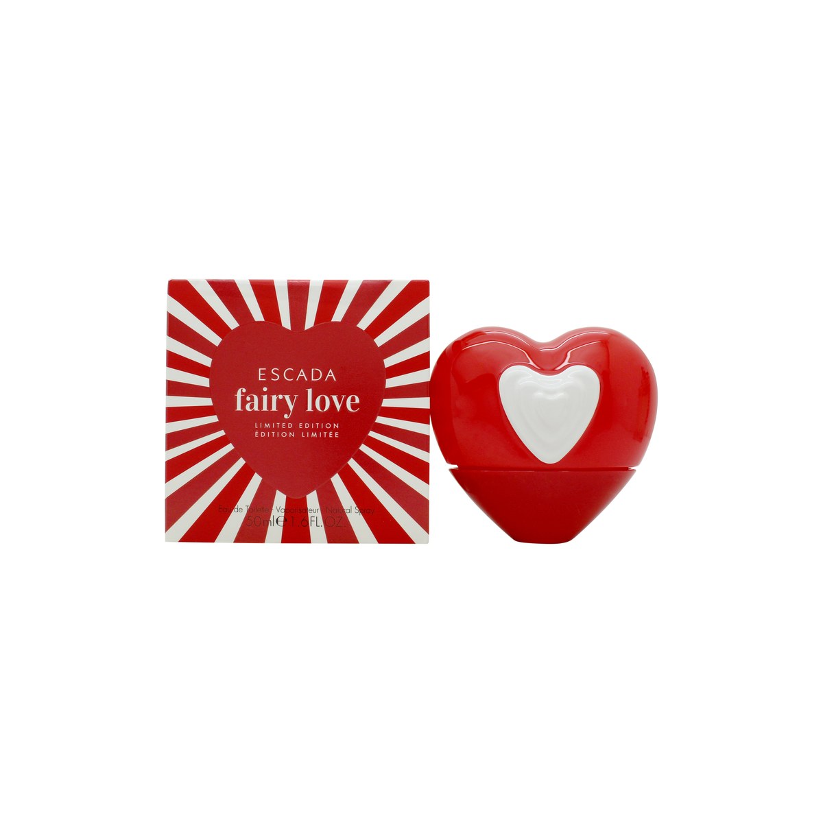 Fairy Love Eau De Toilette Escada 50 ml, hjerteformet lyserød glasflakon med bløde kurver og guld spraytop