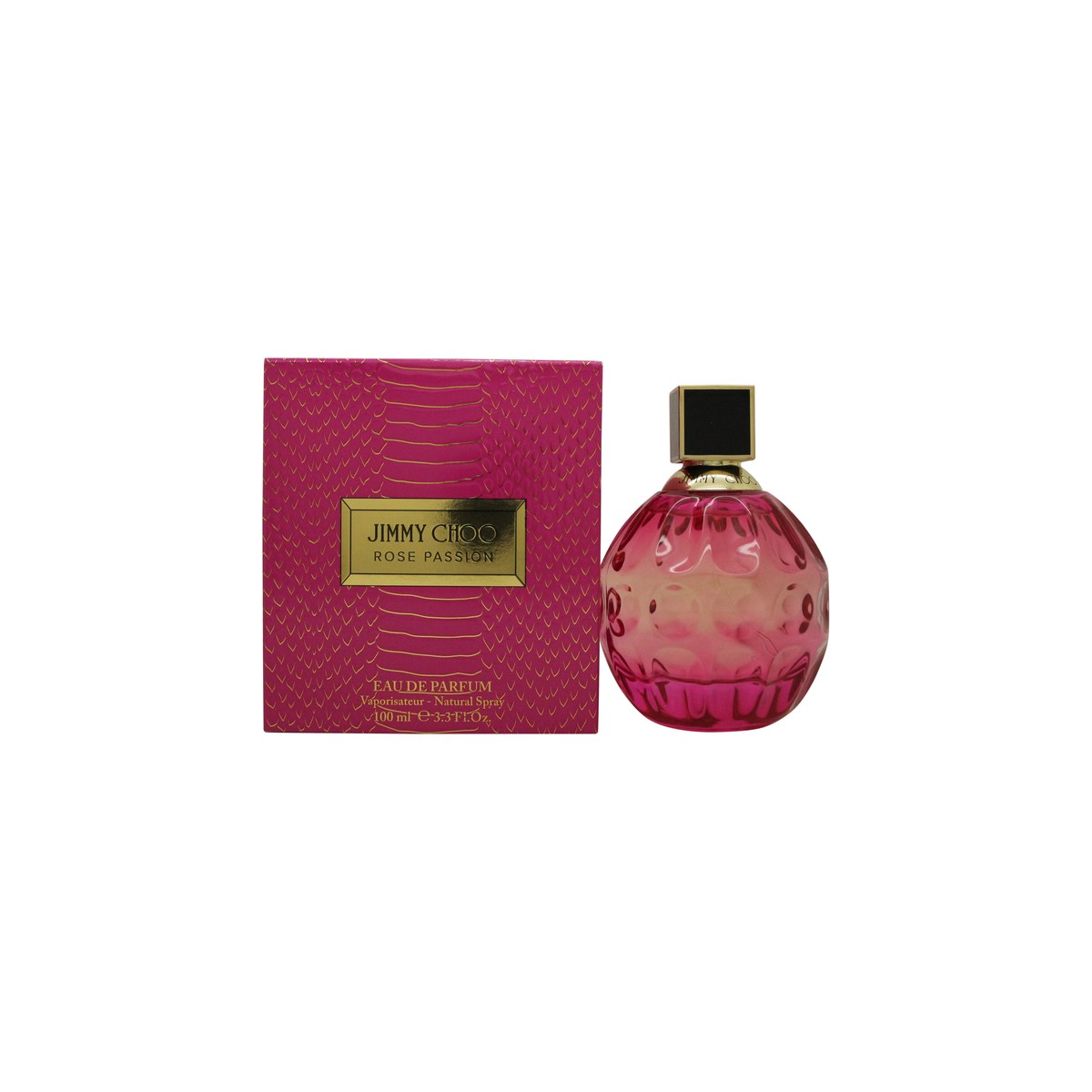 Rose Passion Eau De Parfum, Jimmy Choo 100 ml, juvelformet pink glasflakon med facetslibning og guldfarvet låg