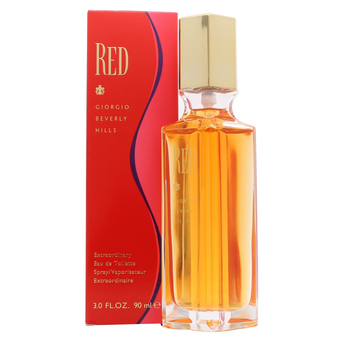 Giorgio Beverly Hills Red Eau de Toilette 90 ml – rød rektangulær glasflaske med guldlåg og logo