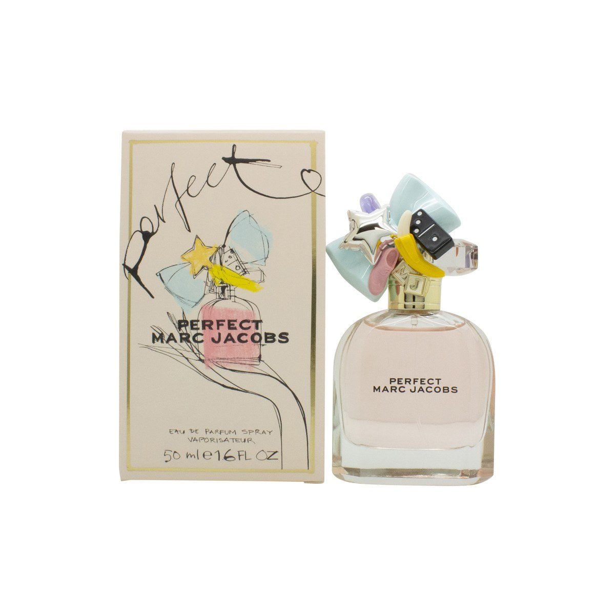 Perfect Eau De Parfum Marc Jacobs 50 ml, rund flakon i lyserød tone med klart glas og dekorativt charm-låg