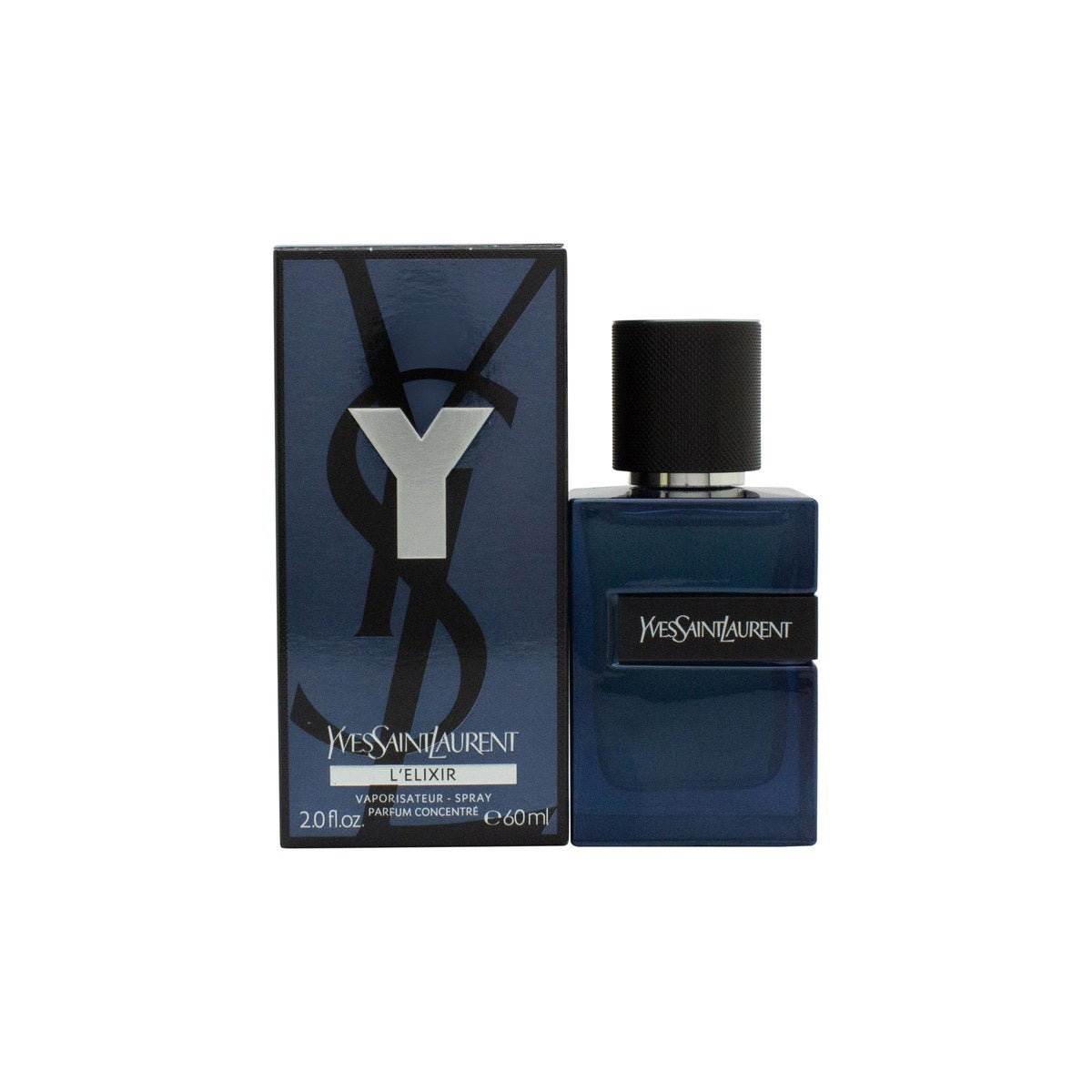 Yves Saint Laurent Y Elixir Eau de Parfum 60 ml i mørkeblå, firkantet glasflaske med sort låg og sølv Y-logo.