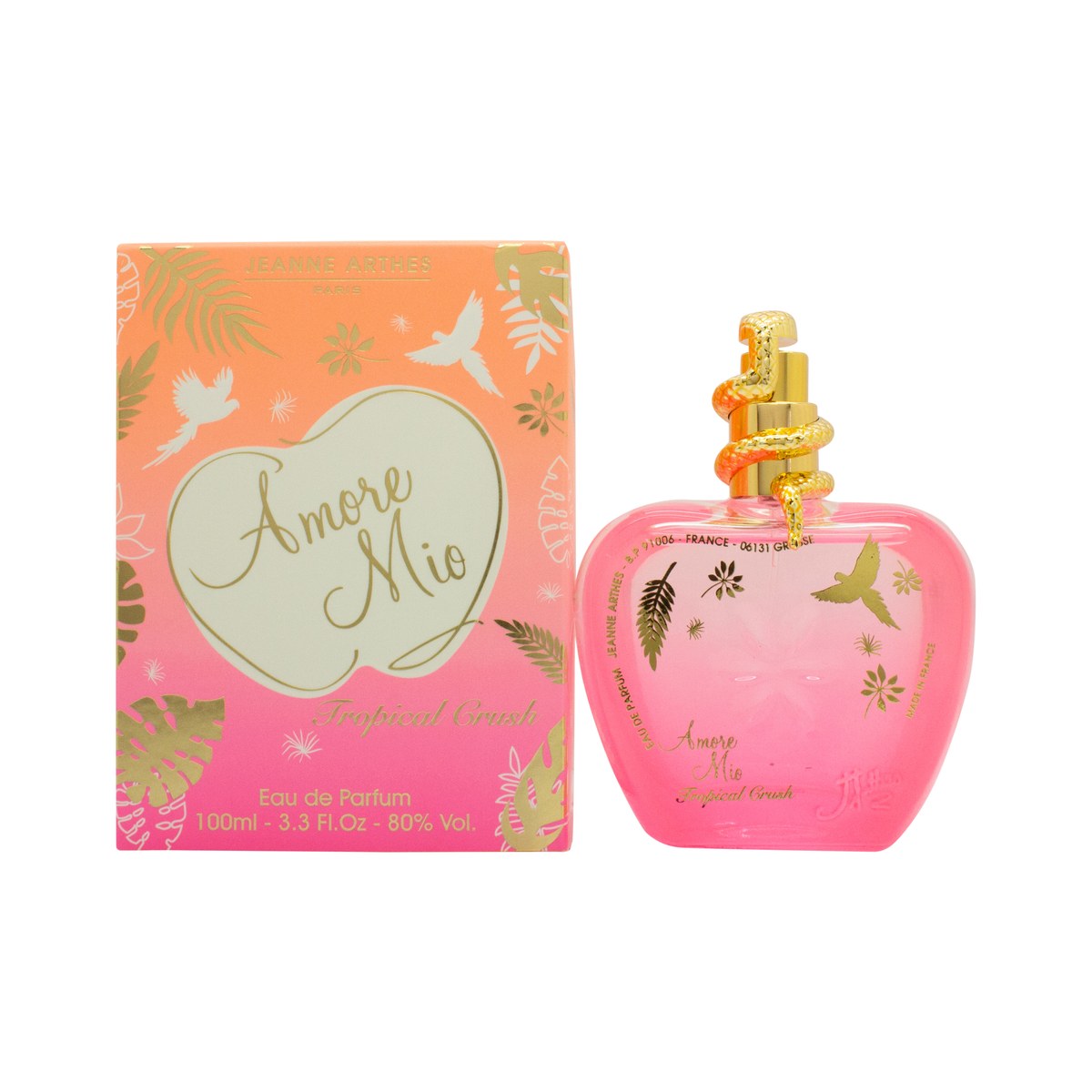 Jeanne Arthes Amore Mio Tropical Crush Eau de Parfum 100 ml – farverig flakon i pink og orange med buet form og gylden hætte